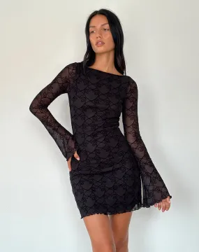 Sevila Long Sleeve Mini Dress in Black Queen of Heart Flock