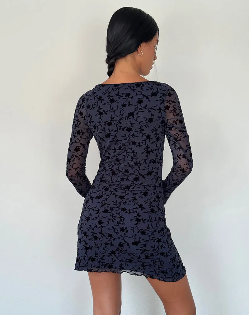 Sevila Long Sleeve Mini Dress in Flocked Petal Navy