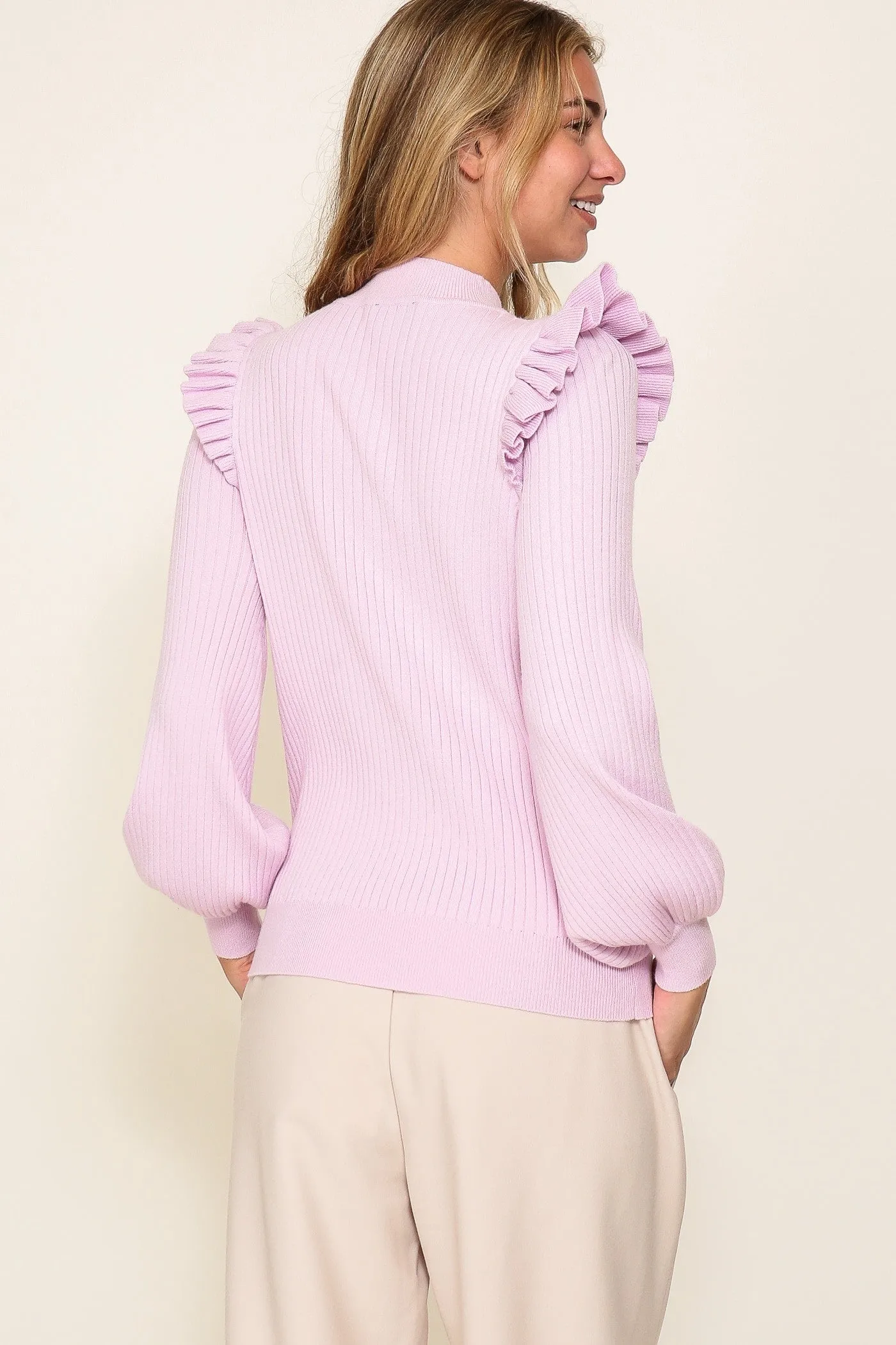 Shoulder Ruffle Ribbed Knit Sweater