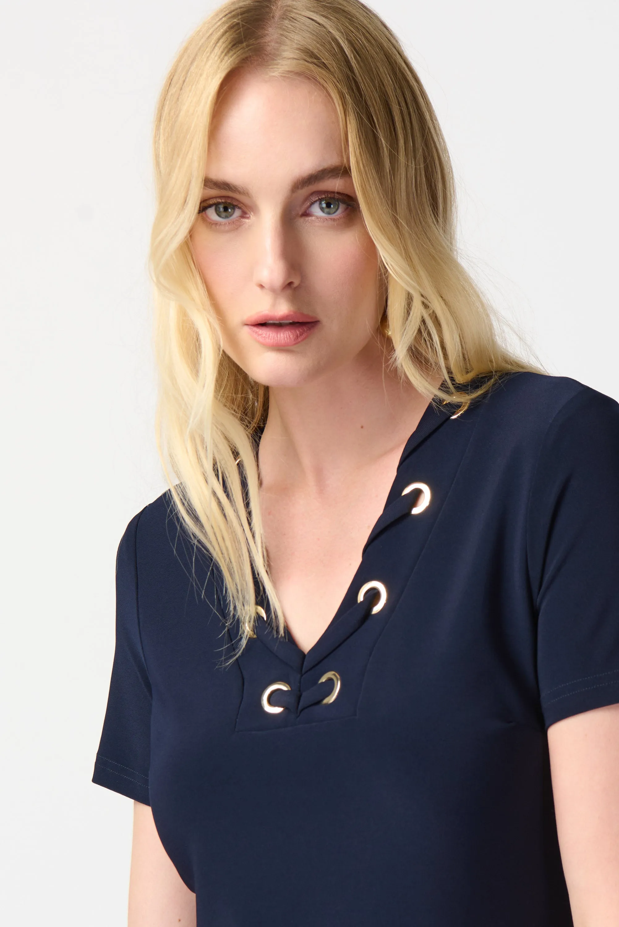 Silky Knit Shift Dress With Eyelets