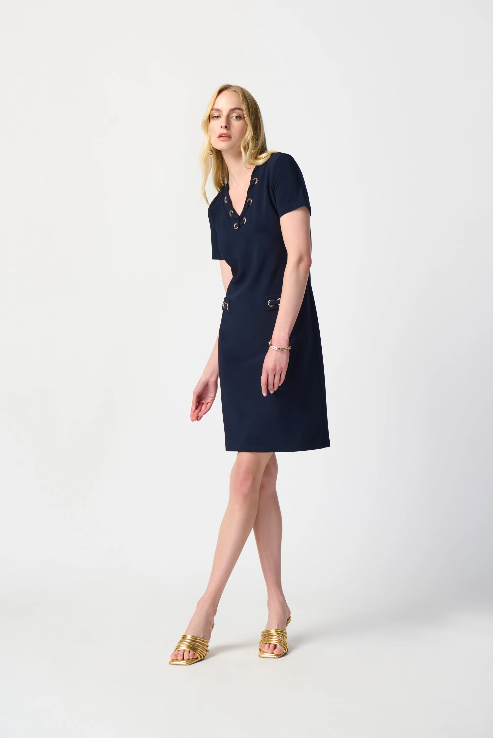 Silky Knit Shift Dress With Eyelets