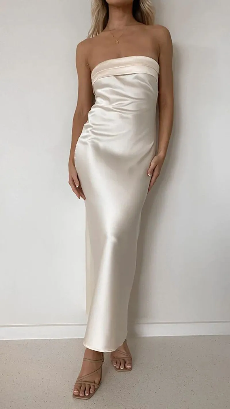 Slinky Silky Bandeau Satin Midi Mermaid Mem Cocktail Dress