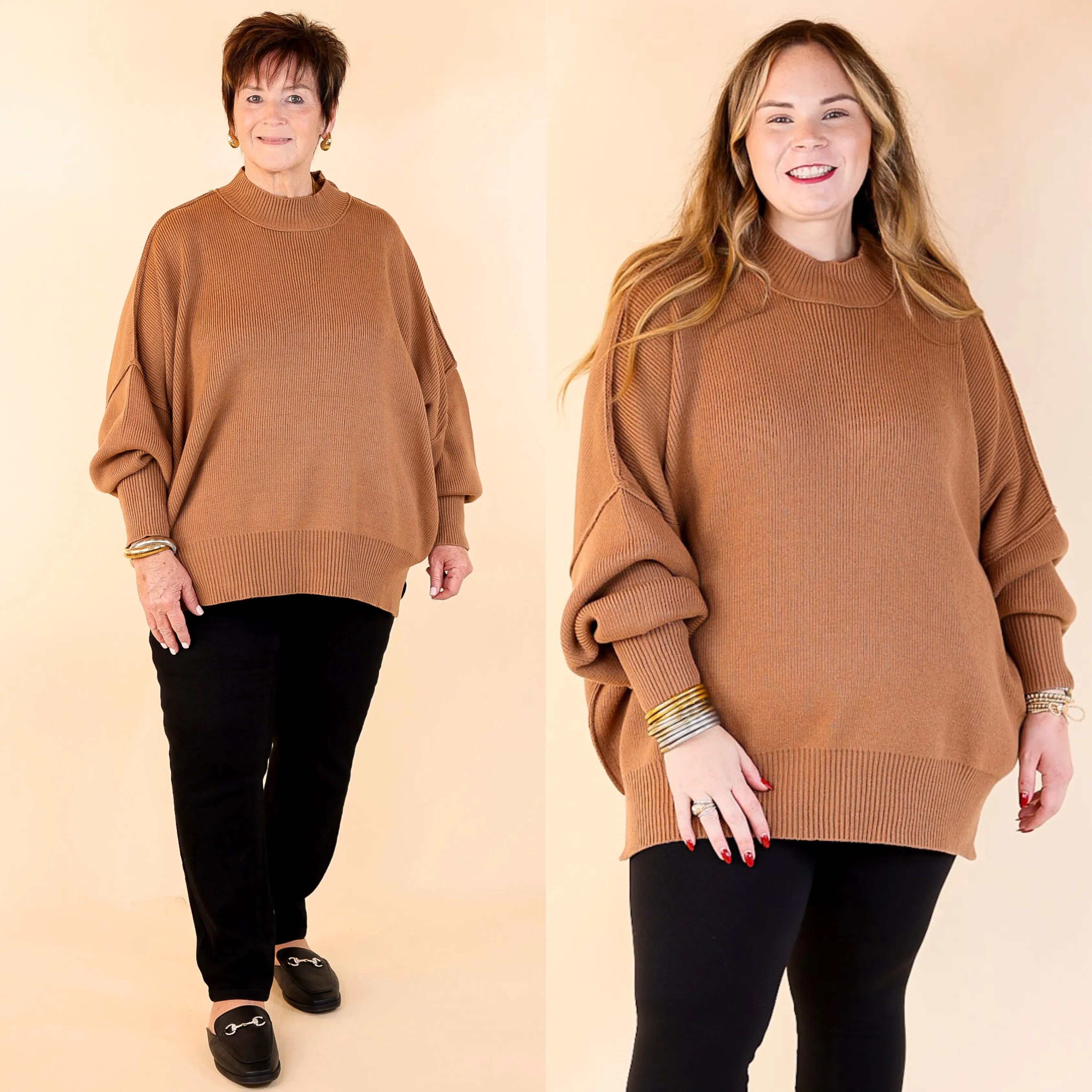 Snug and Stylish Mock Neck Sweater with Side Slit in Camel Brown