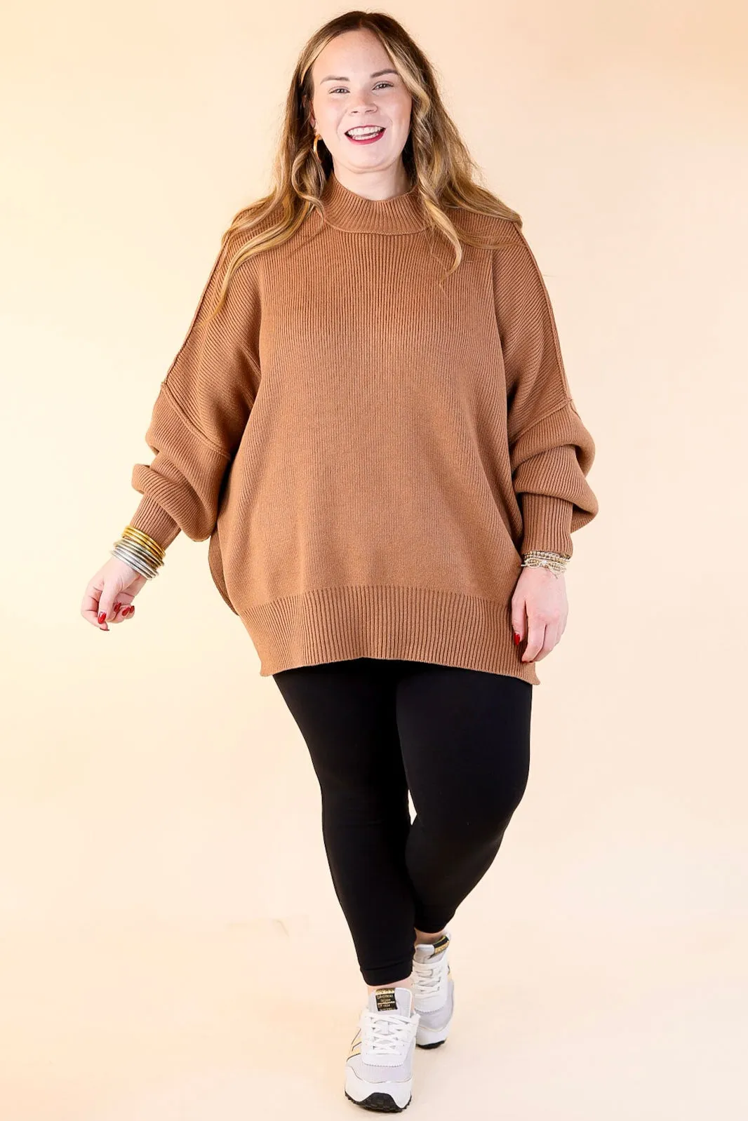 Snug and Stylish Mock Neck Sweater with Side Slit in Camel Brown