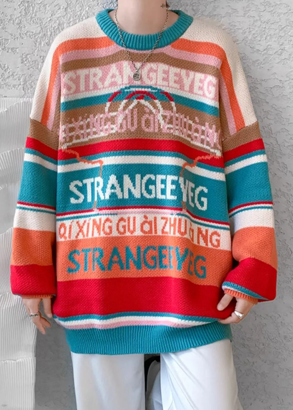 Stylish Orange O Neck Striped Knit Mens Sweaters Winter RC032