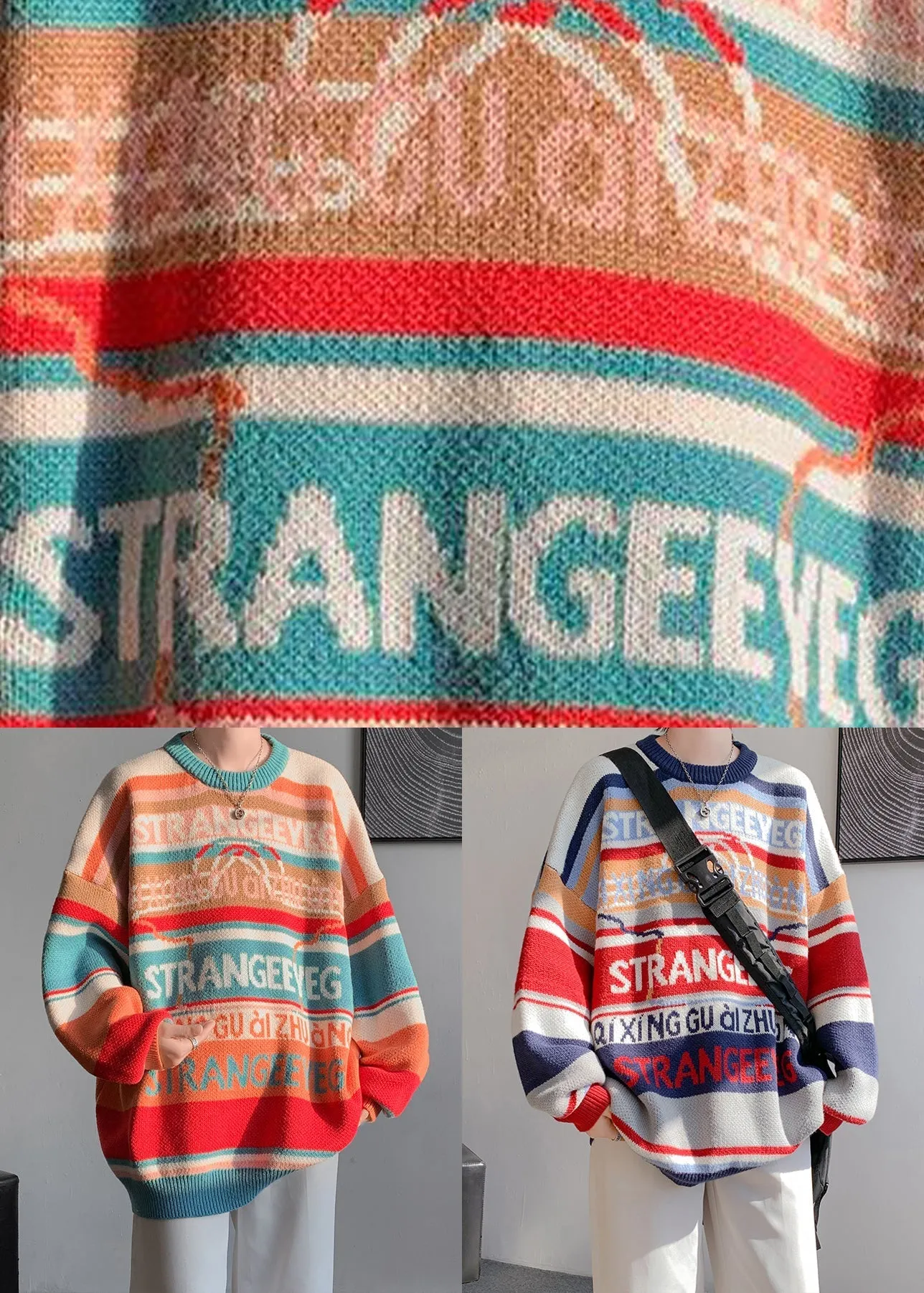 Stylish Orange O Neck Striped Knit Mens Sweaters Winter RC032