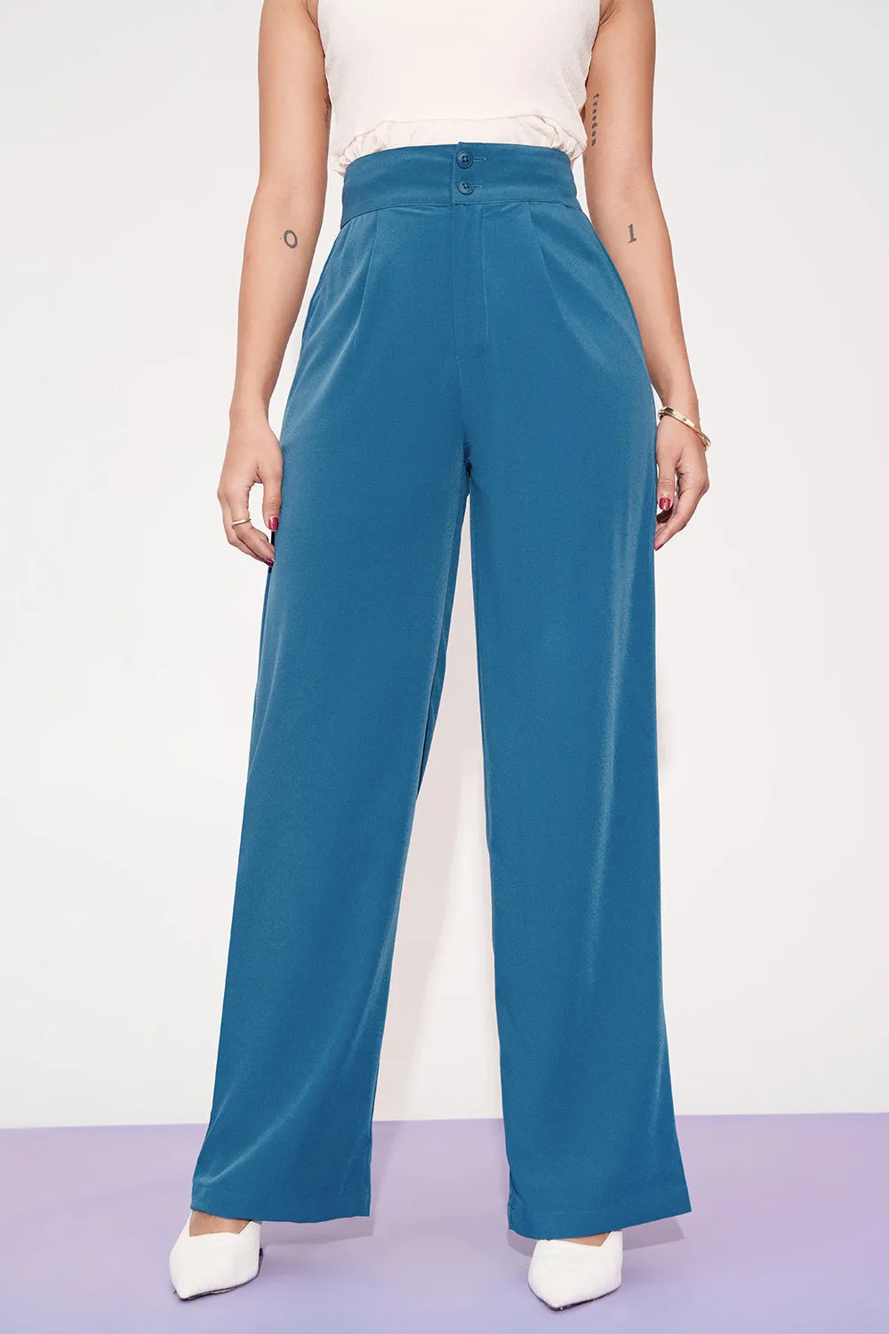 Sydney Blue Pleated Double Button Korean Pants