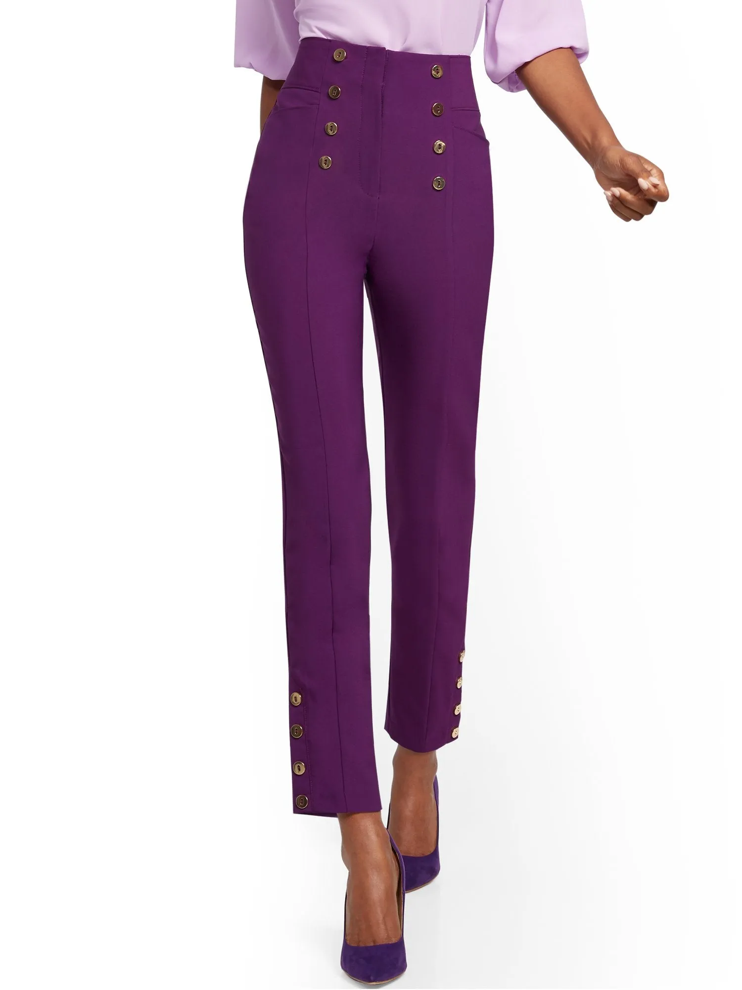 Tall Button-Accent Straight Slim-Leg Ankle Pant - 7th Avenue