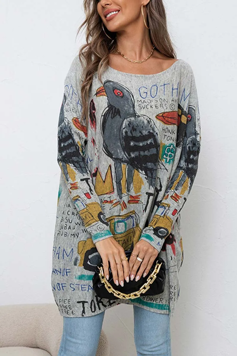 TG730 Graphic Loose Sweater Top