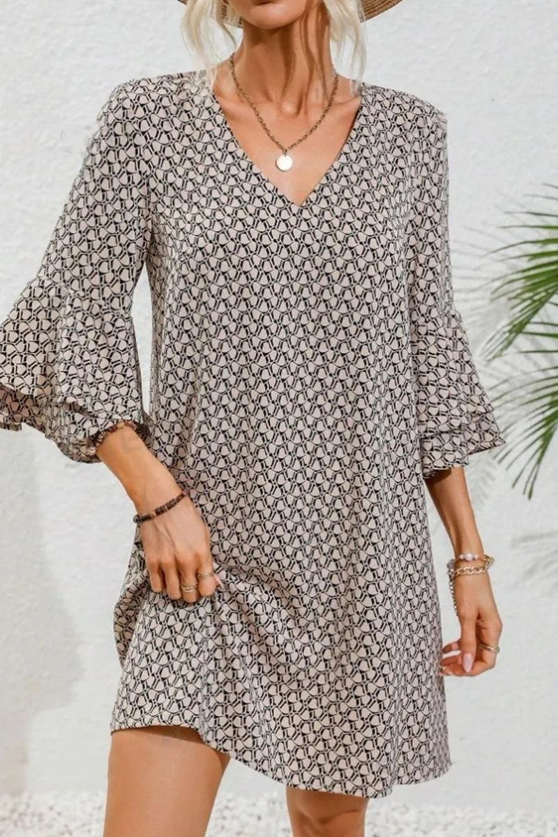 V-Neck Flared Three-Quarter Sleeve Short Dress