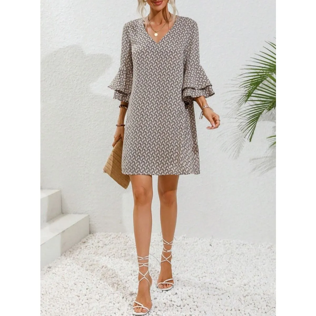 V-Neck Flared Three-Quarter Sleeve Short Dress