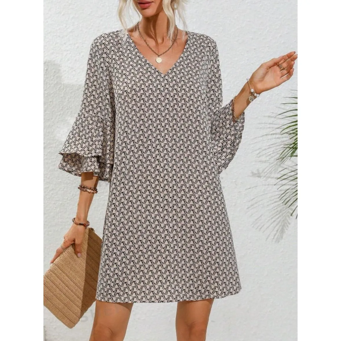 V-Neck Flared Three-Quarter Sleeve Short Dress