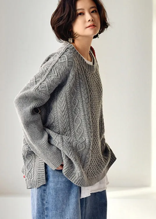 Vintage Grey O-Neck Side Open Knit Woolen Sweaters Fall