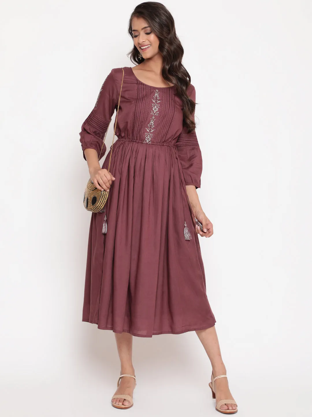 Wine Embroidered Tie Up Flared Dress