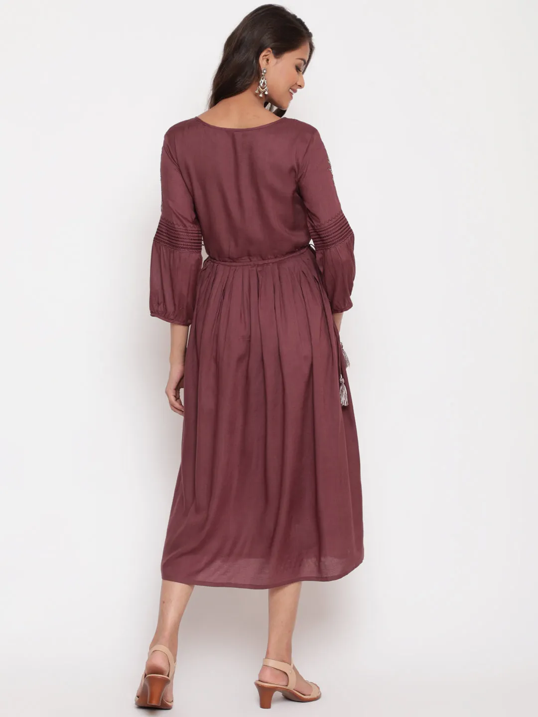 Wine Embroidered Tie Up Flared Dress