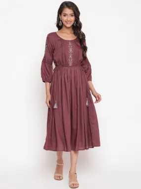 Wine Embroidered Tie Up Flared Dress