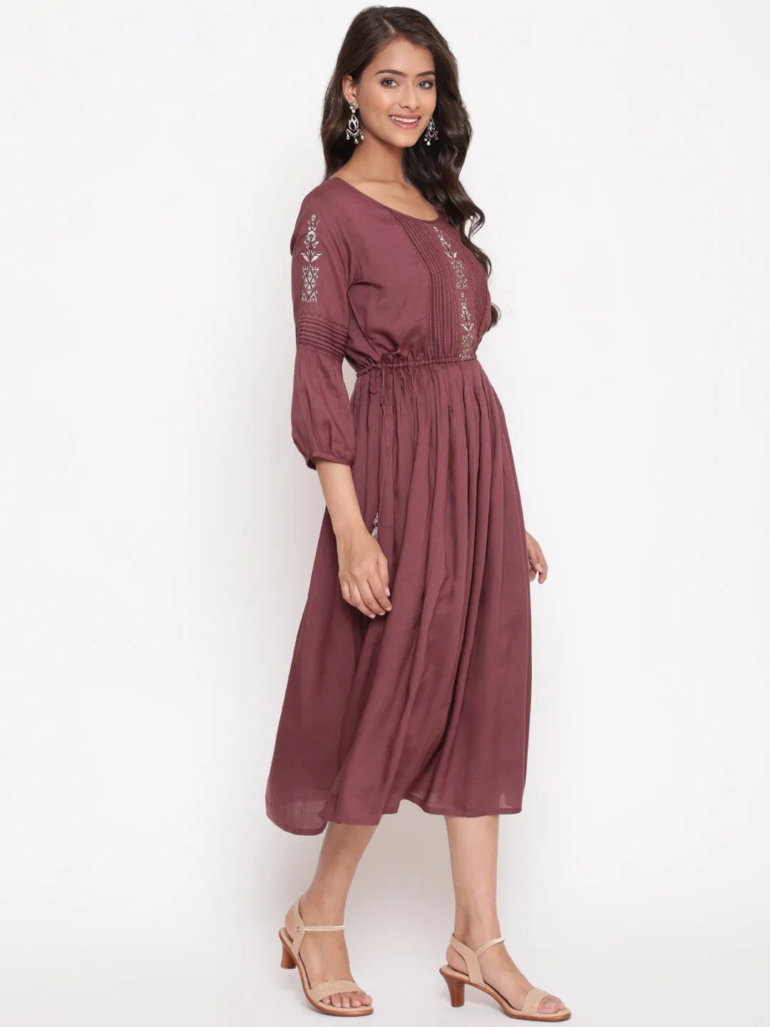 Wine Embroidered Tie Up Flared Dress