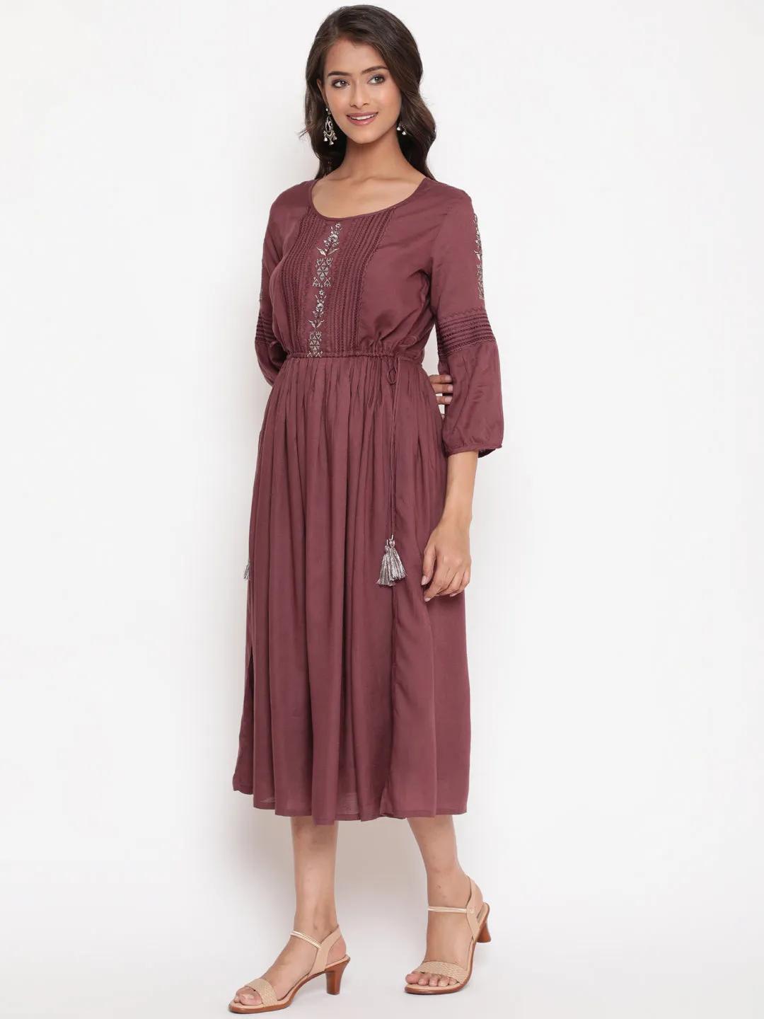 Wine Embroidered Tie Up Flared Dress