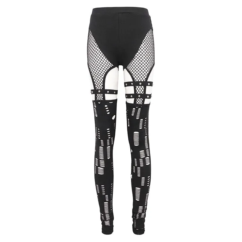 Women's Punk Cutout Mesh Splice Leggings