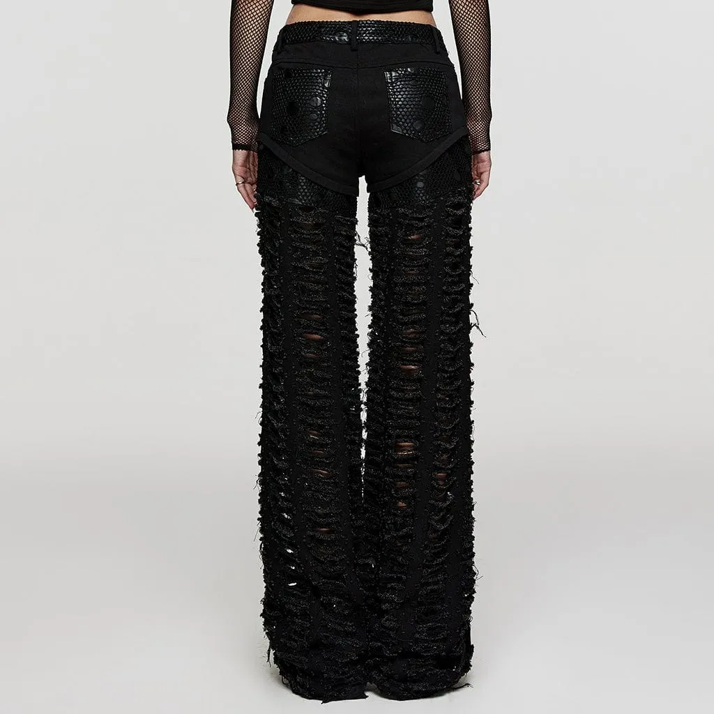 Women's Punk Mesh Splice Ripped Straight Pants