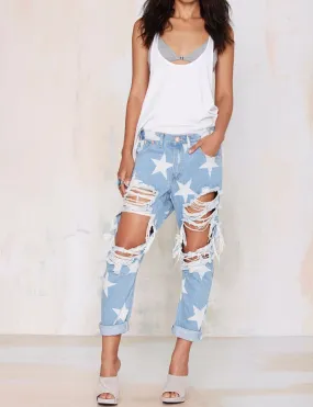 Women's Ripped Boyfriend Jeans With Stars Pattern