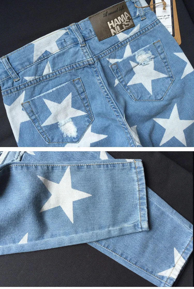 Women's Ripped Boyfriend Jeans With Stars Pattern