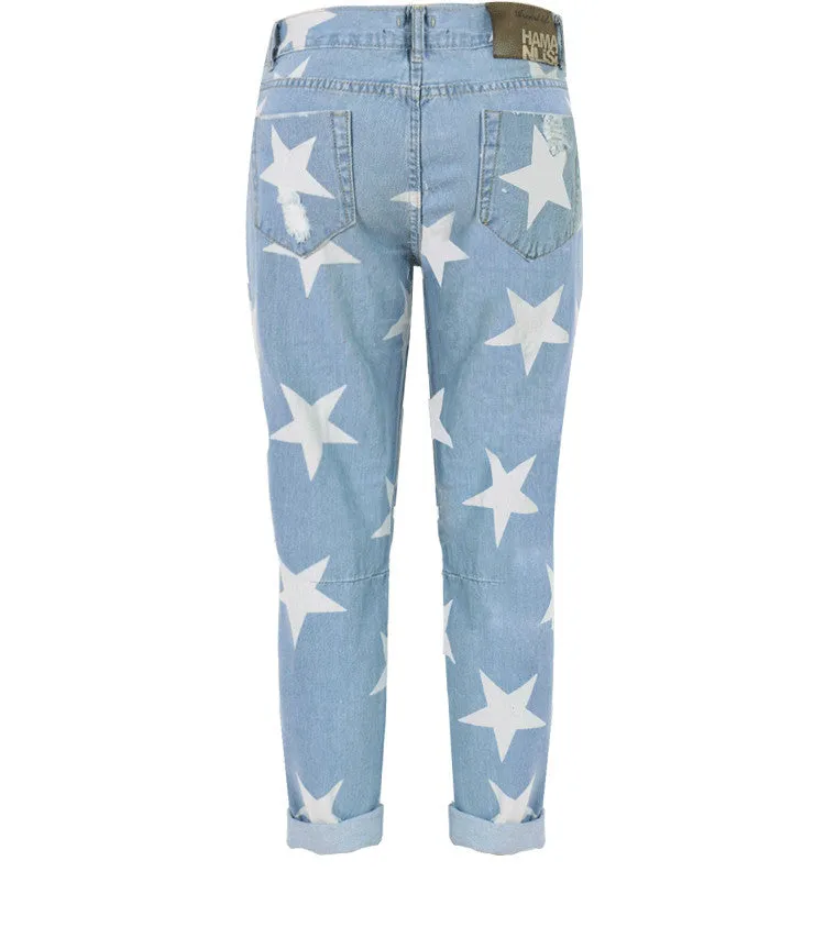 Women's Ripped Boyfriend Jeans With Stars Pattern