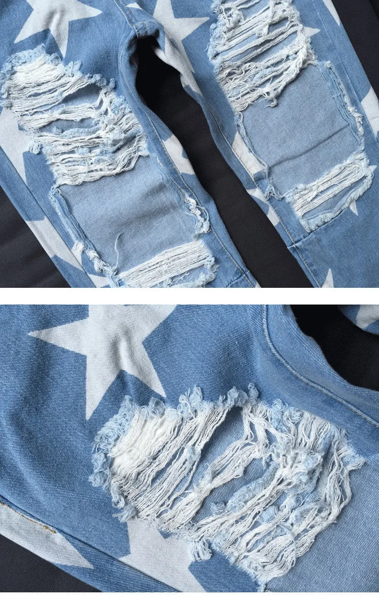 Women's Ripped Boyfriend Jeans With Stars Pattern