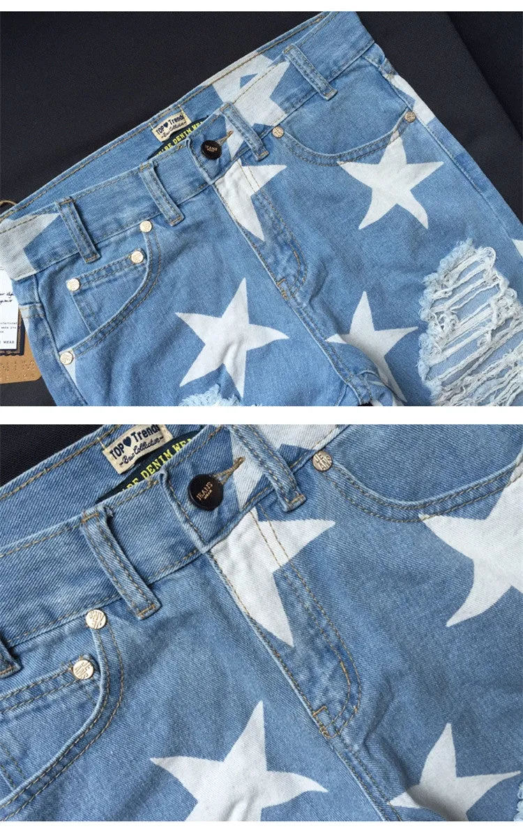 Women's Ripped Boyfriend Jeans With Stars Pattern