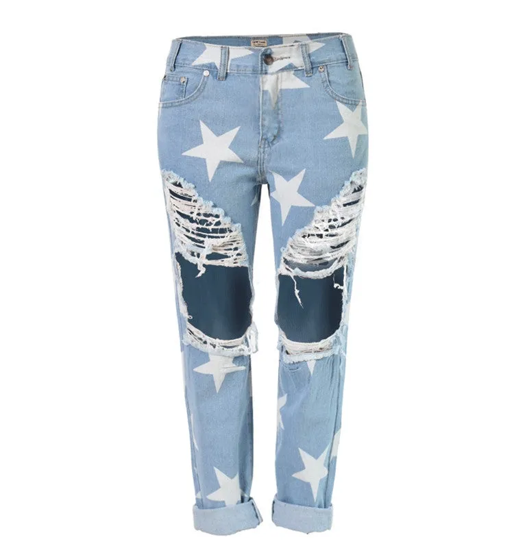 Women's Ripped Boyfriend Jeans With Stars Pattern