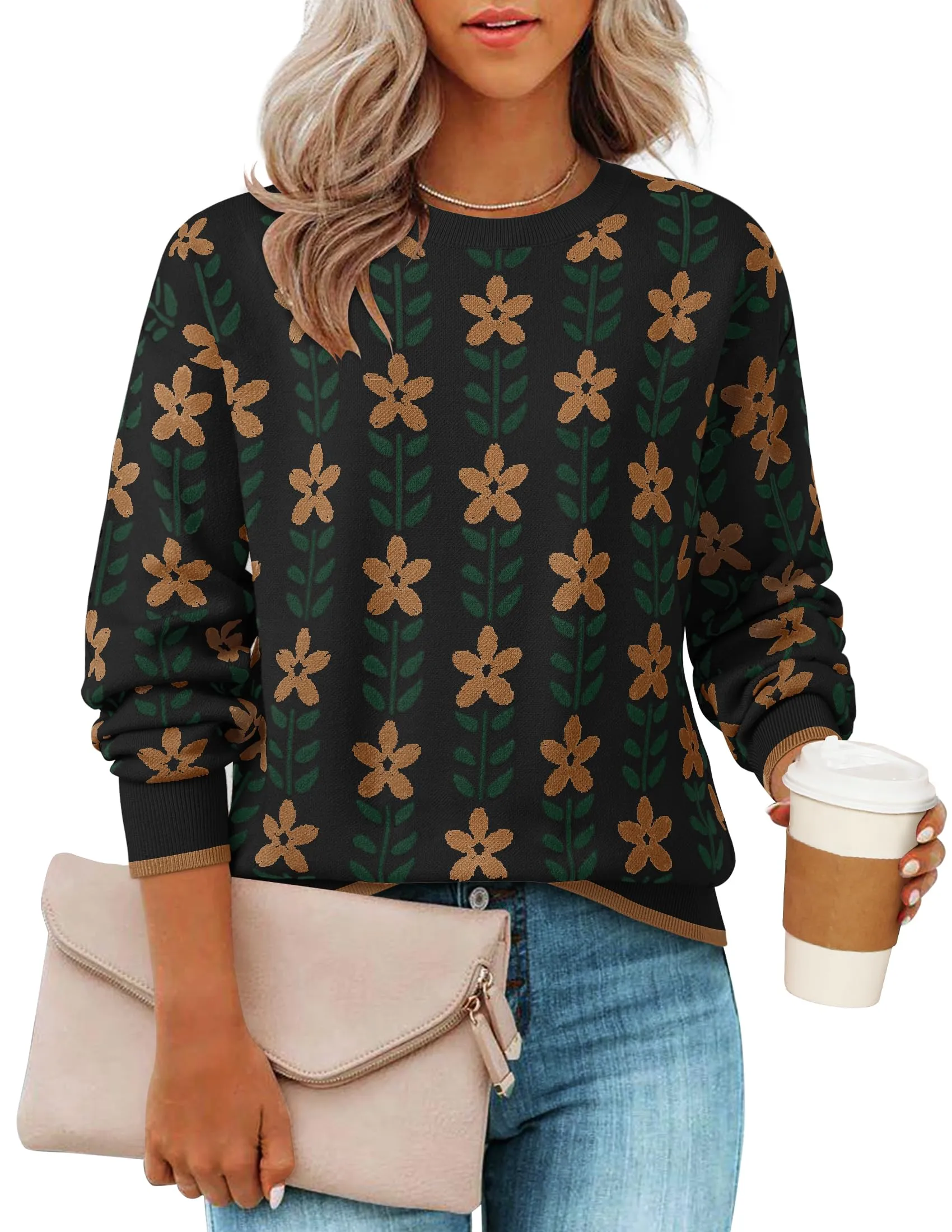 ZESICA Crewneck Printed Cute Oversized Knitted Pullover Tops