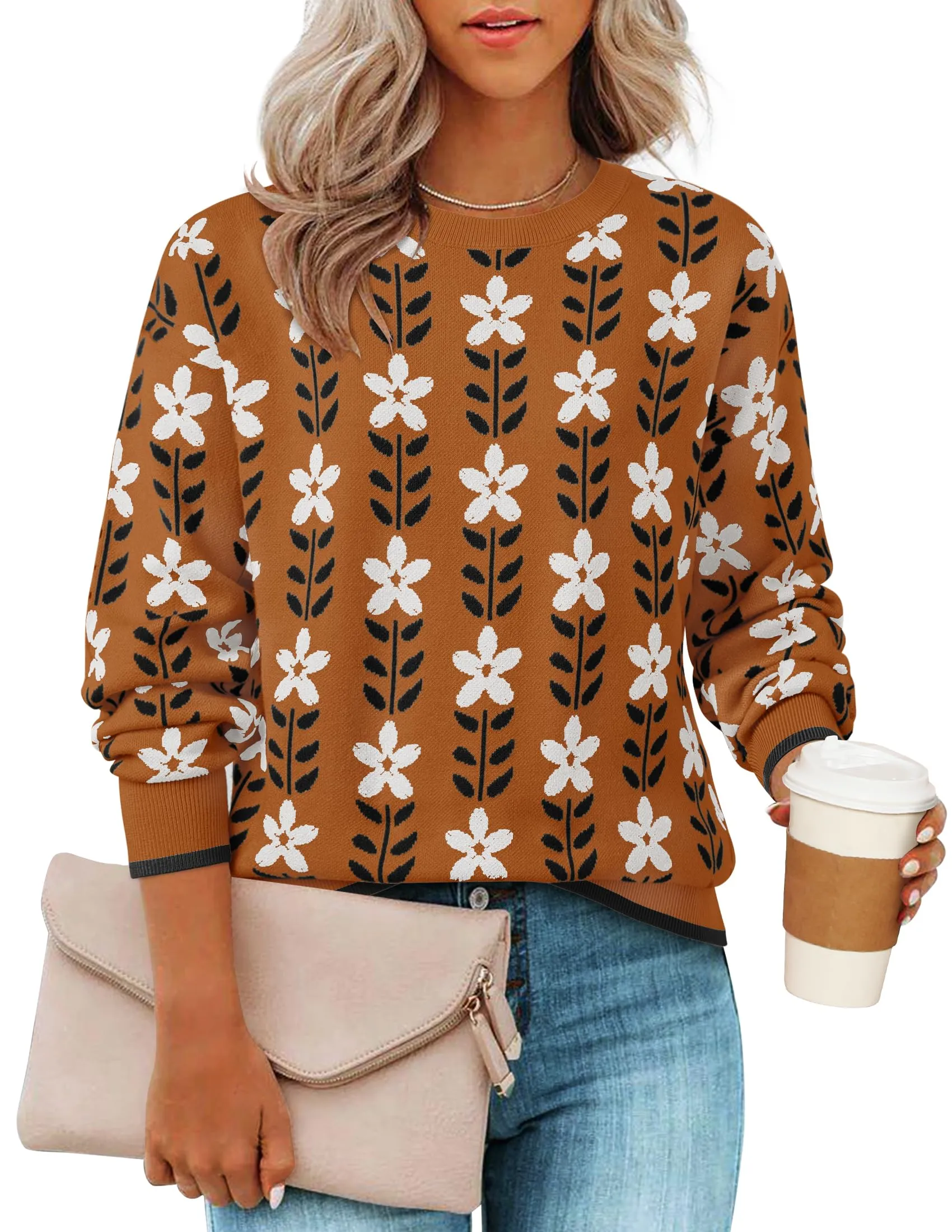 ZESICA Crewneck Printed Cute Oversized Knitted Pullover Tops